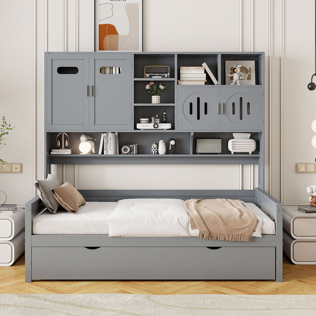 Daybed With All-In-One Cabinet And Shelf