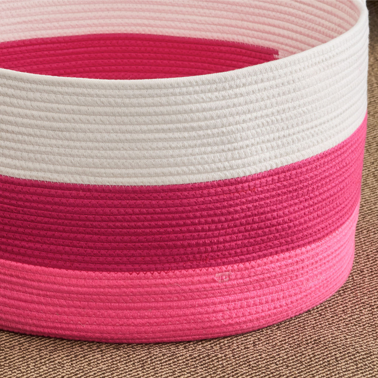 Cotton Round Laundry And Storage Basket With Handles - Pink / White