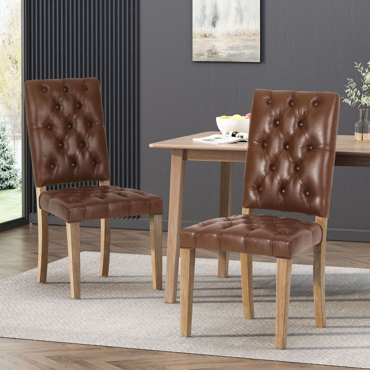 Sophisticated Dining Chair Set With Button Tufting - Light Brown / Weathered Wood