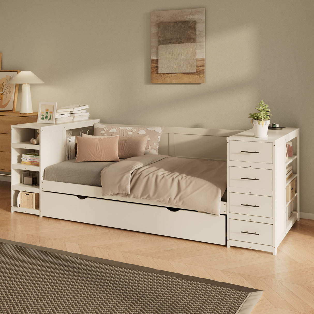 Daybed With Side Shelves, Multi Functional Desk & Charging Station