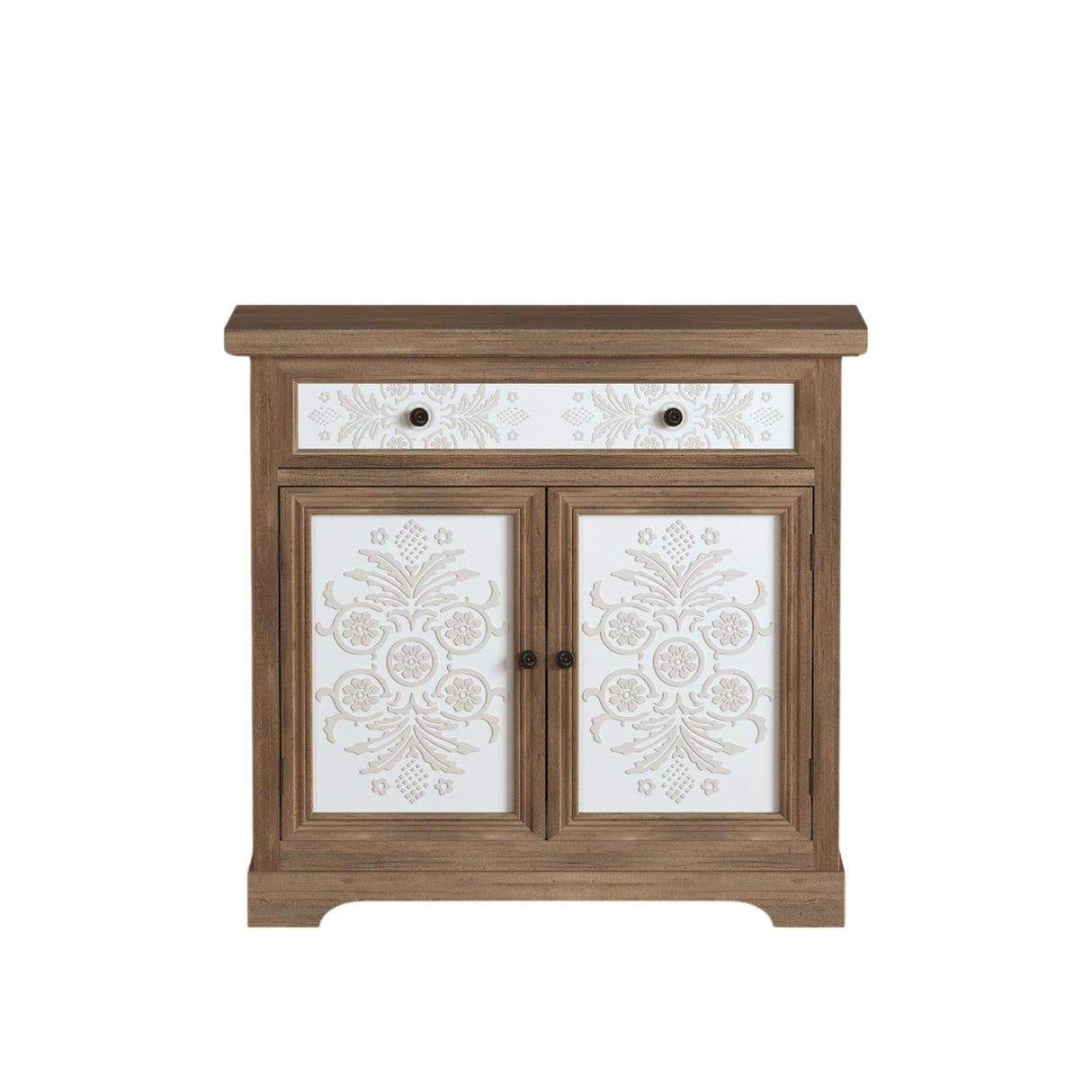 Accent Cabinet With Carved Floral Panels, Sideboard With Drawer And Double Doors - Antique Brown / White