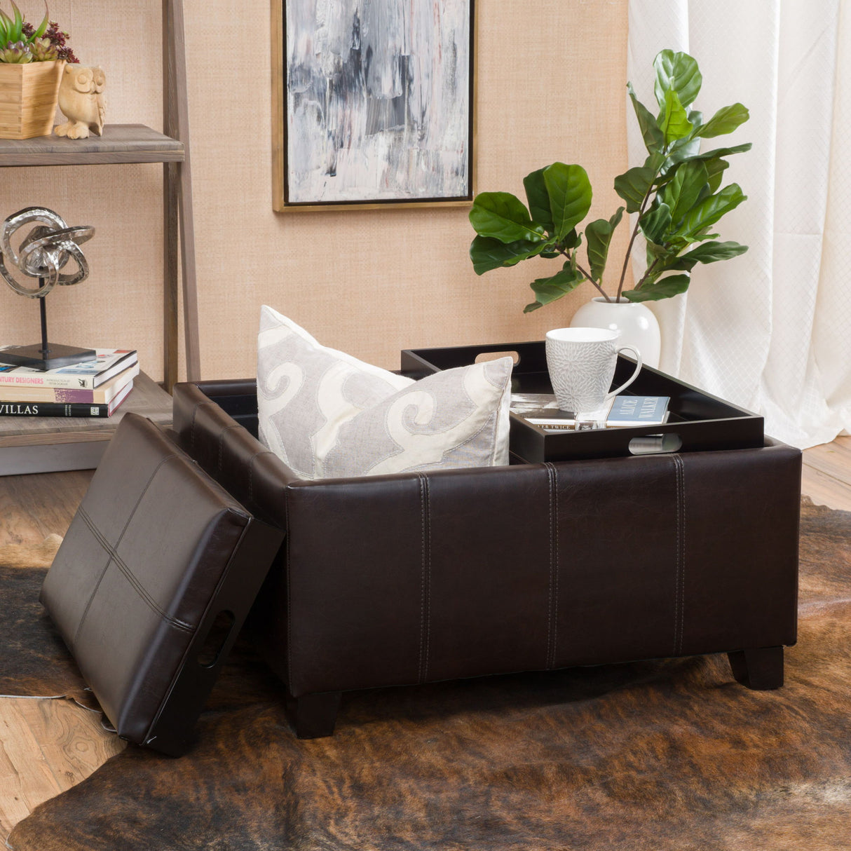 Contemporary Ottoman With Storage And Tray Tops - Brown
