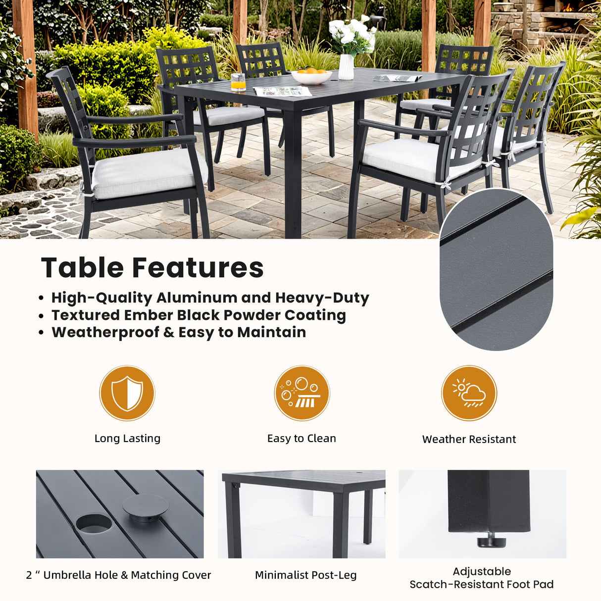 Modern Classic Outdoor Patio Dining Set, Rectangular Table & Dining Chairs, Rust Free, Weather Resistant