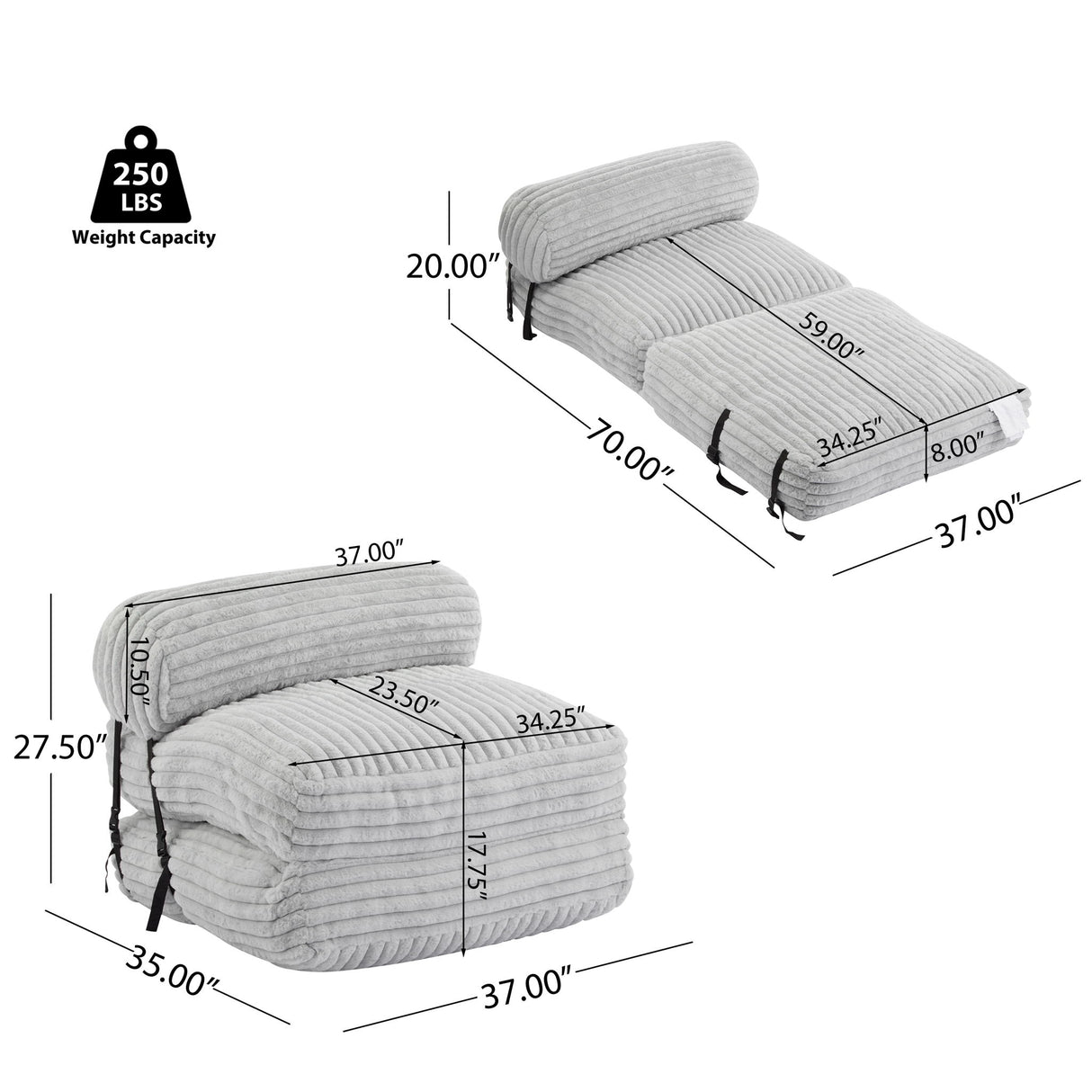 Latina - Indoor Foldbable Bean Bag Lounge Chair - Light Gray