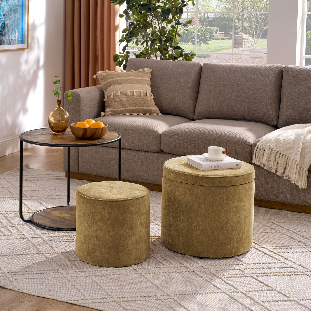 Multi Functional Ottoman And Table Set With Drum Stool