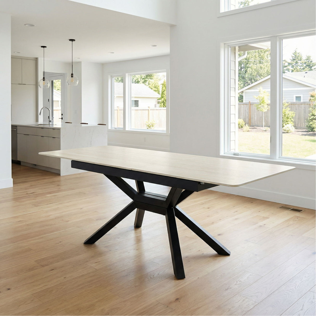 Rectangular Extendable Dining Table With Geometric X Frame, Kitchen Table For Dining Room - Beige