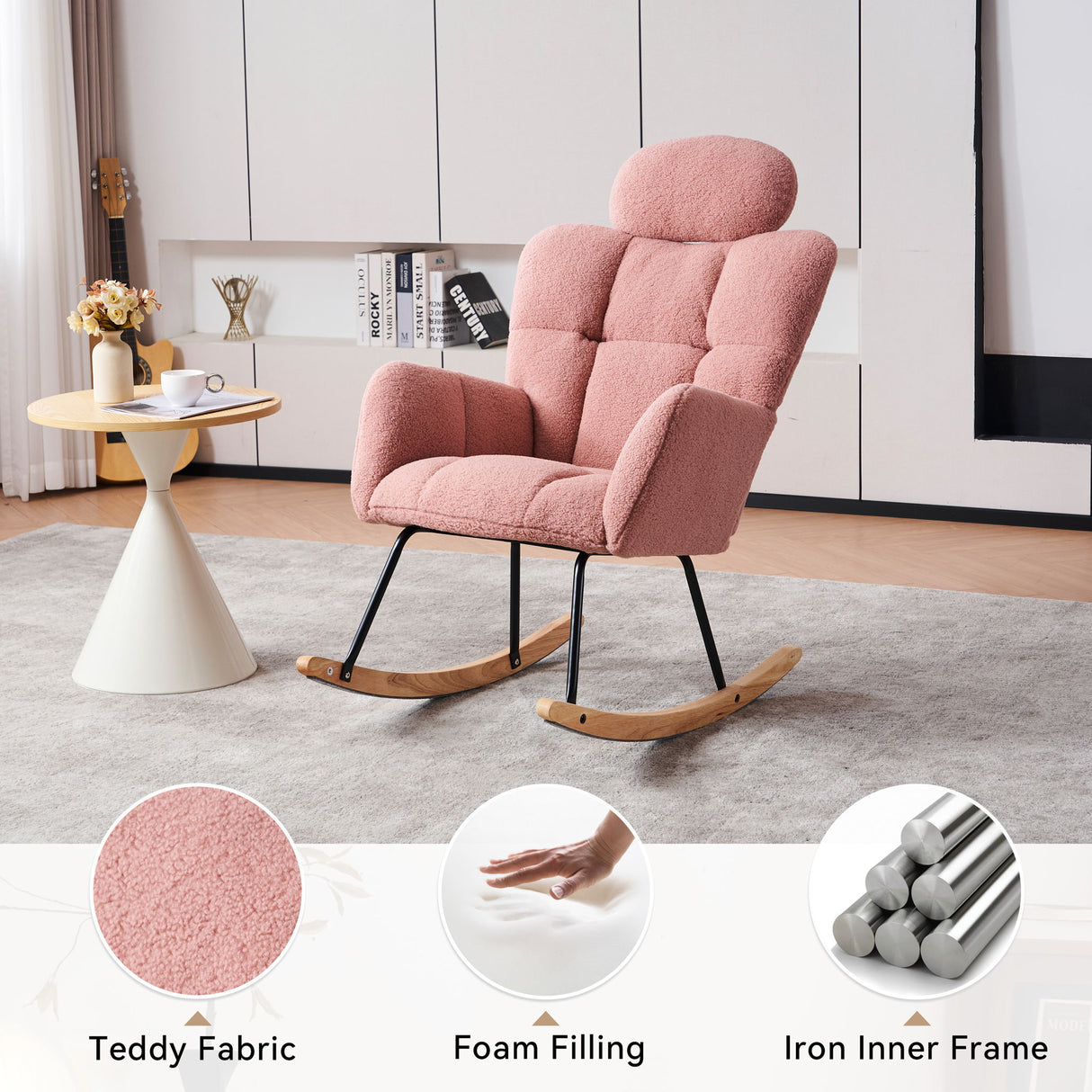 Contemporary Teddy Fabric Upholstered Nursery Rocking Glider Chair With High Backrest And Pillow