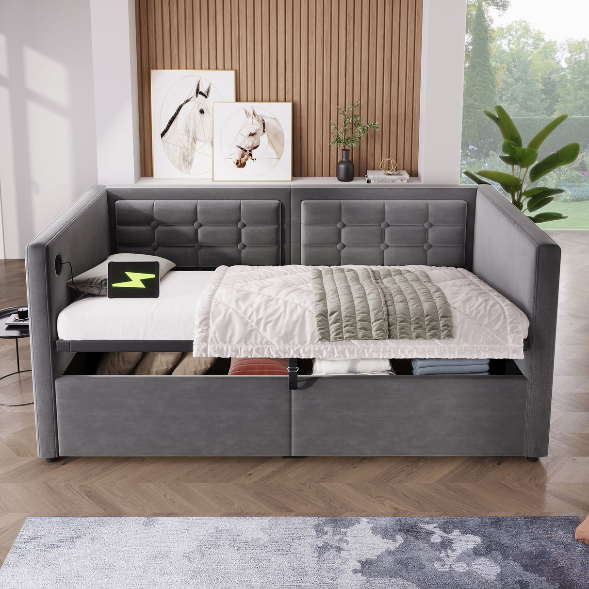 Upholstered Hydraulic Storage Daybed With USB & Type C Charging