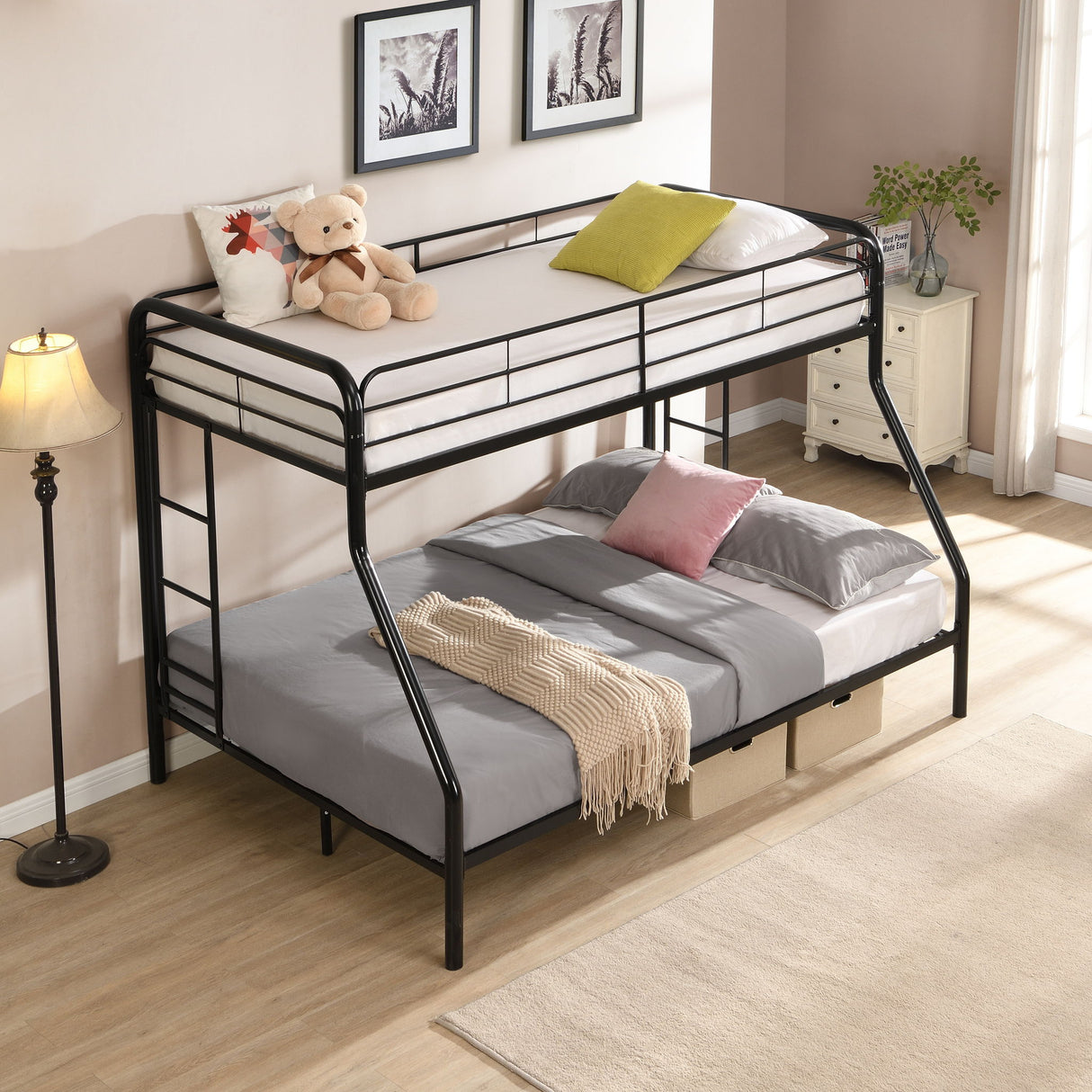 Modern Twin Over Full Metal Bunk Bed With Trundle And Dual Side Ladder And Metal Design - Black / Brown
