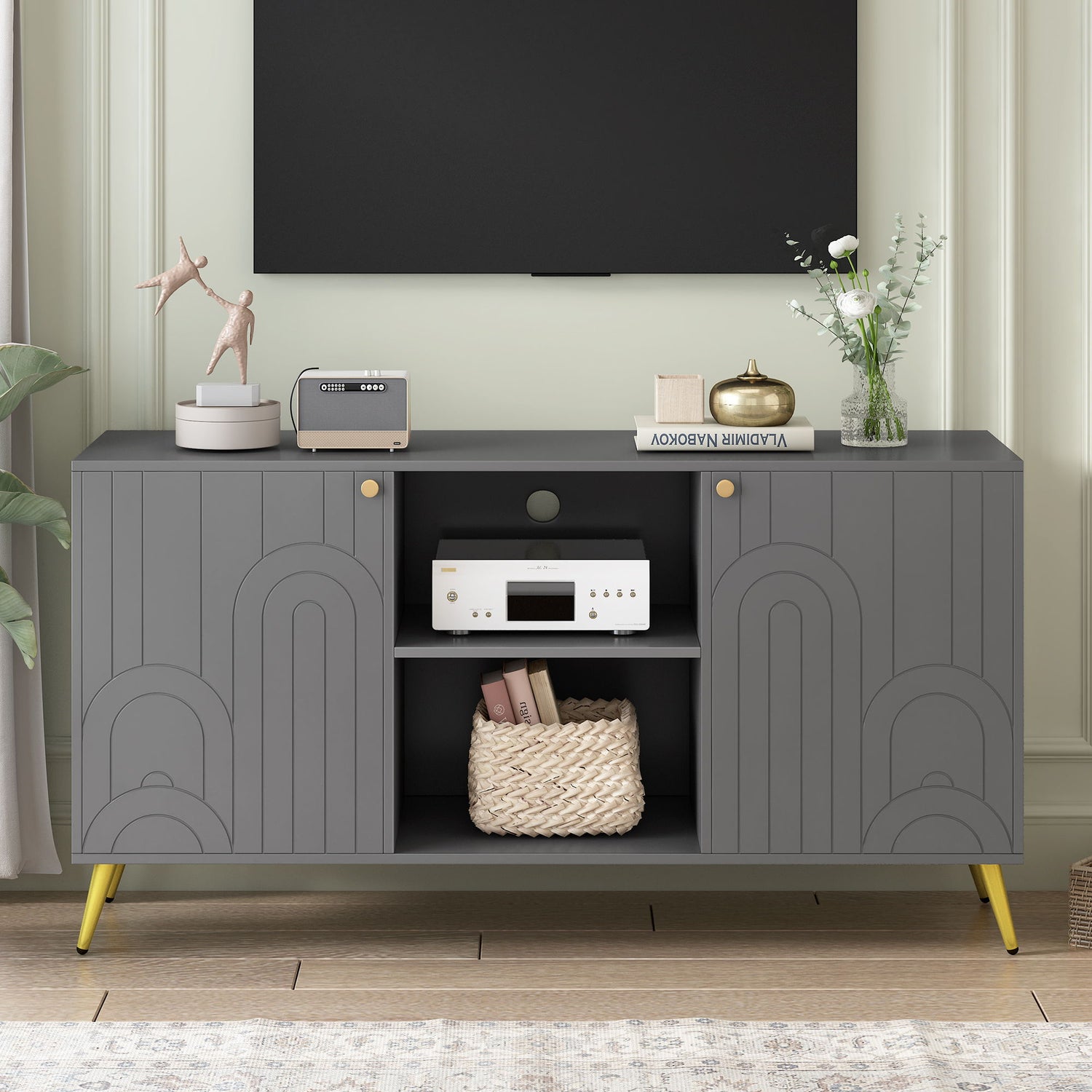 Modern TV Stand With Adjustable Shelf, Handles And Anti-Tip Device