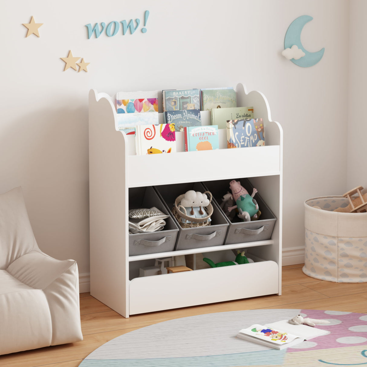Bookshelf With Storage Bins And Drawer, Multi Functional Book Organizer For Toddlers - White