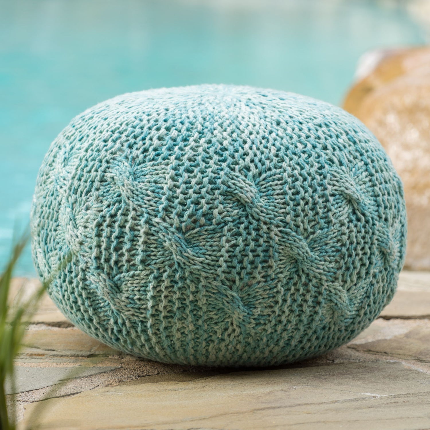 Deon - Knitted Pet Yarn Round Pouf With Classic Cable Knit Design - Aqua