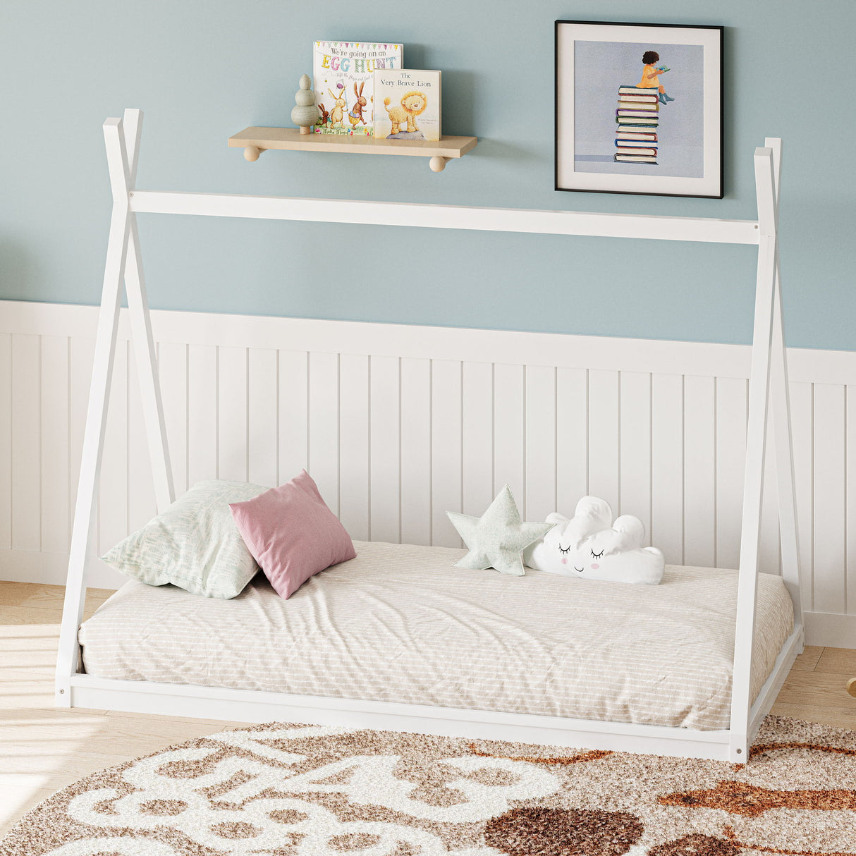 Wood Tent Bed For Kids, Montessori Style Low - Floor Bed, House-Shape Tent Bed Frame