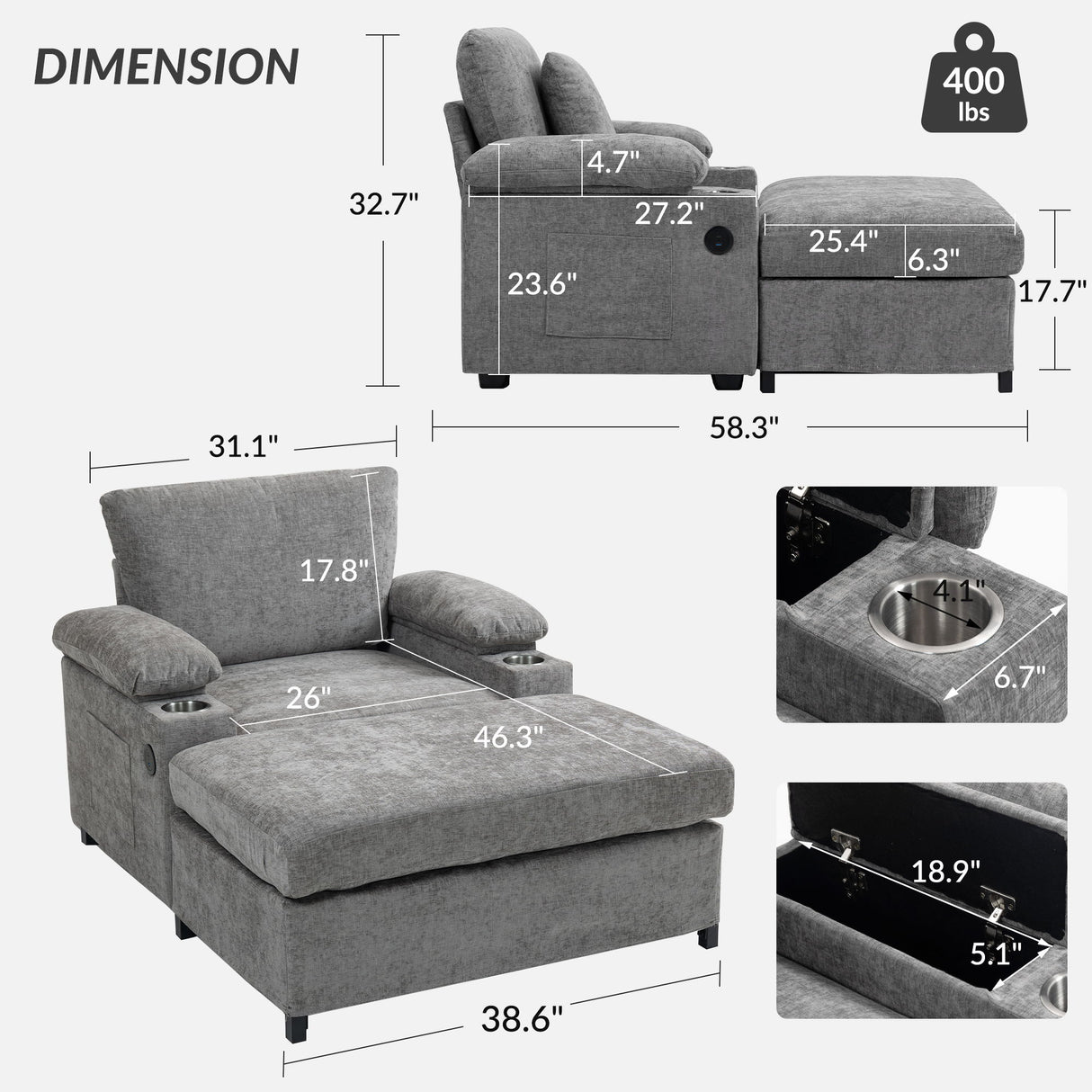Chenille Fabric Sofa Bed With Cupholders And USB Charging Ports Chair For Living Room