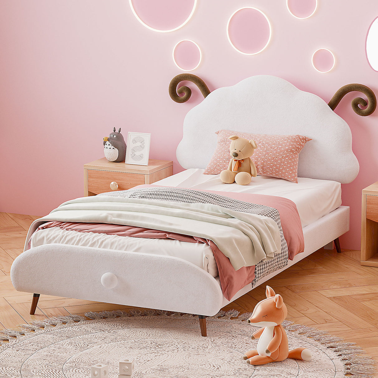 Upholstered Platform Bed With Sheep Shaped Headboard