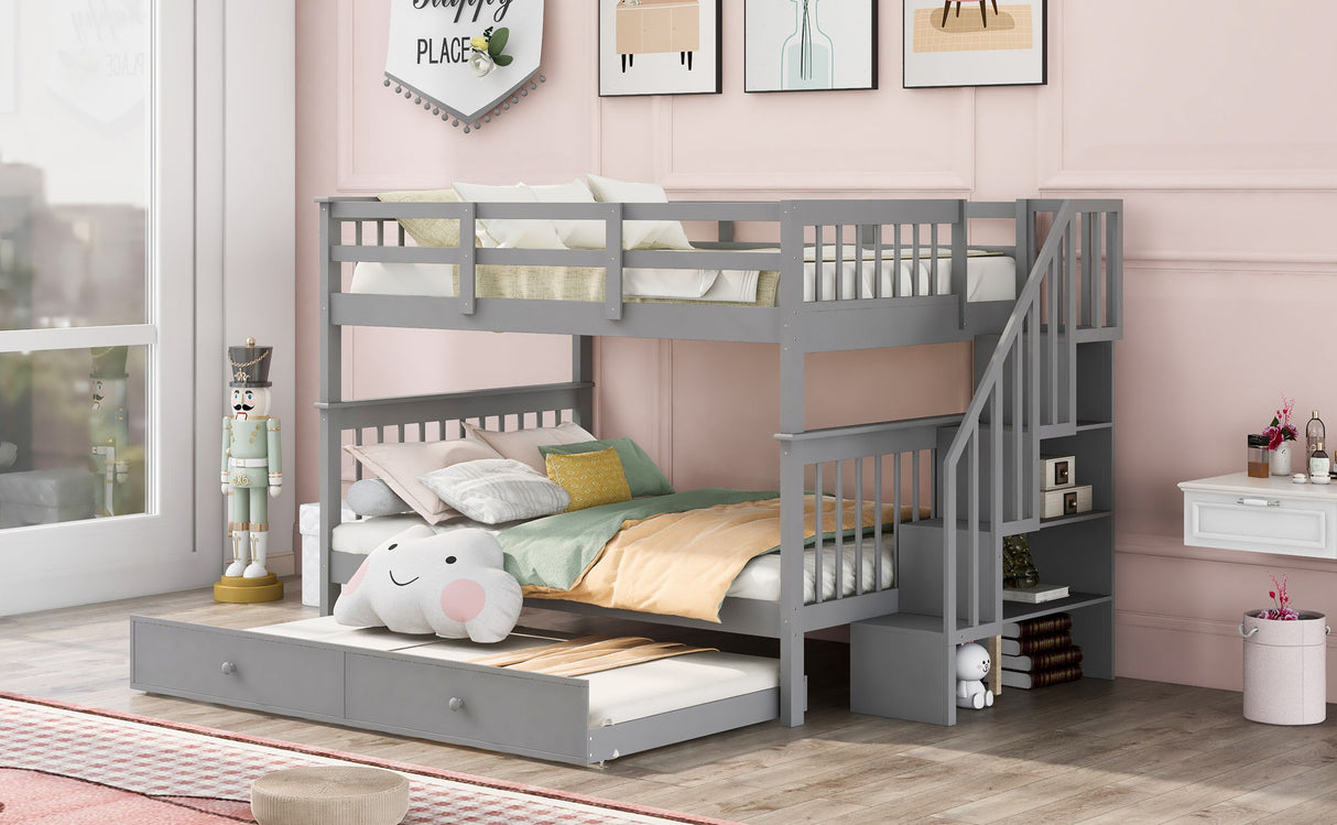 Stairway Bunk Bed With Storage And Guard Rail For Bedroom