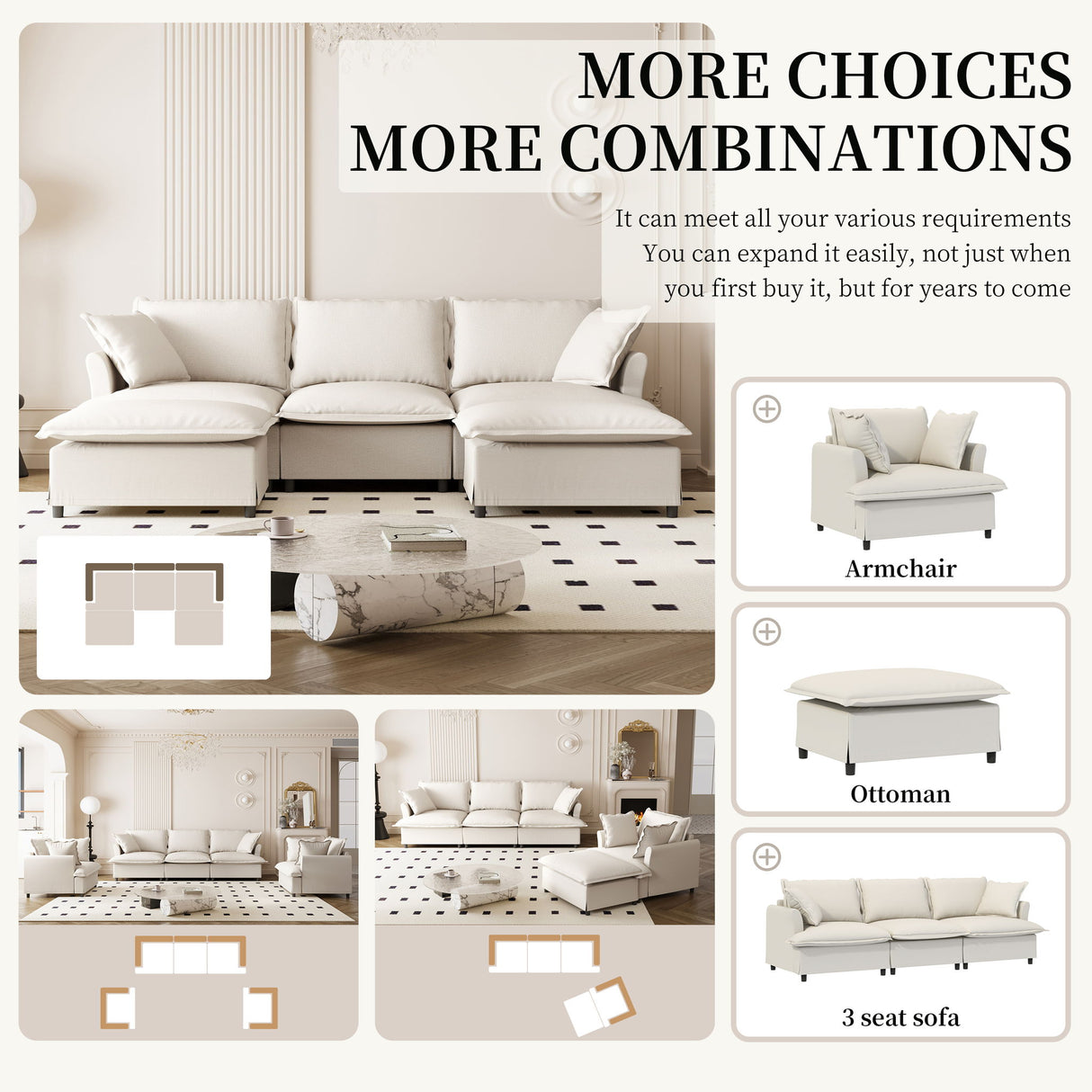 Sectional Sofa With Ottoman Cloud Couch Set With Throw Pillows, Free Combination