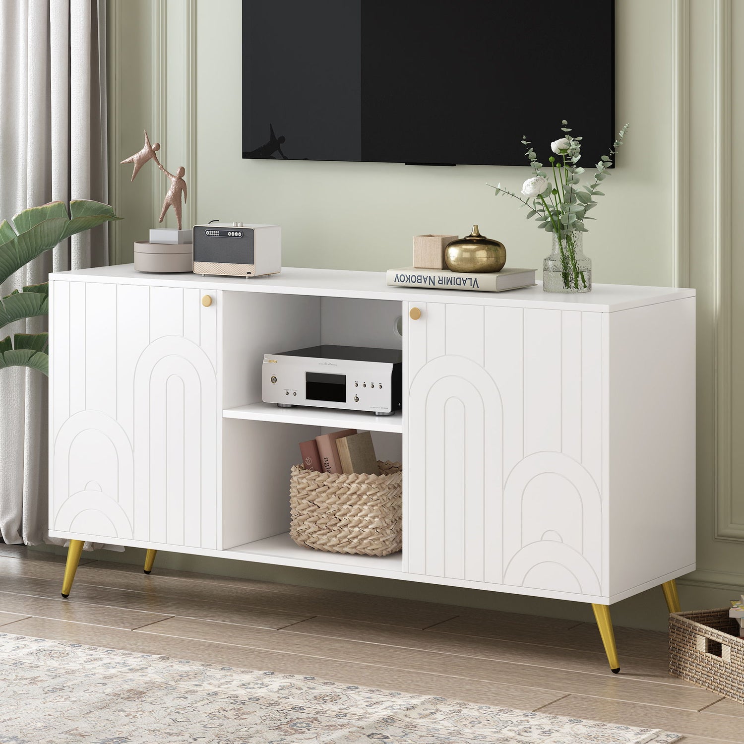 Modern TV Stand With Adjustable Shelf, Handles And Anti-Tip Device