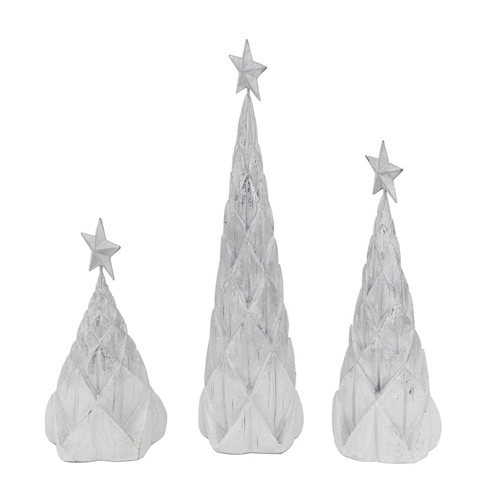 Resin / Foil Christmas Tree With Star Top (Set of 3) - White / Silver