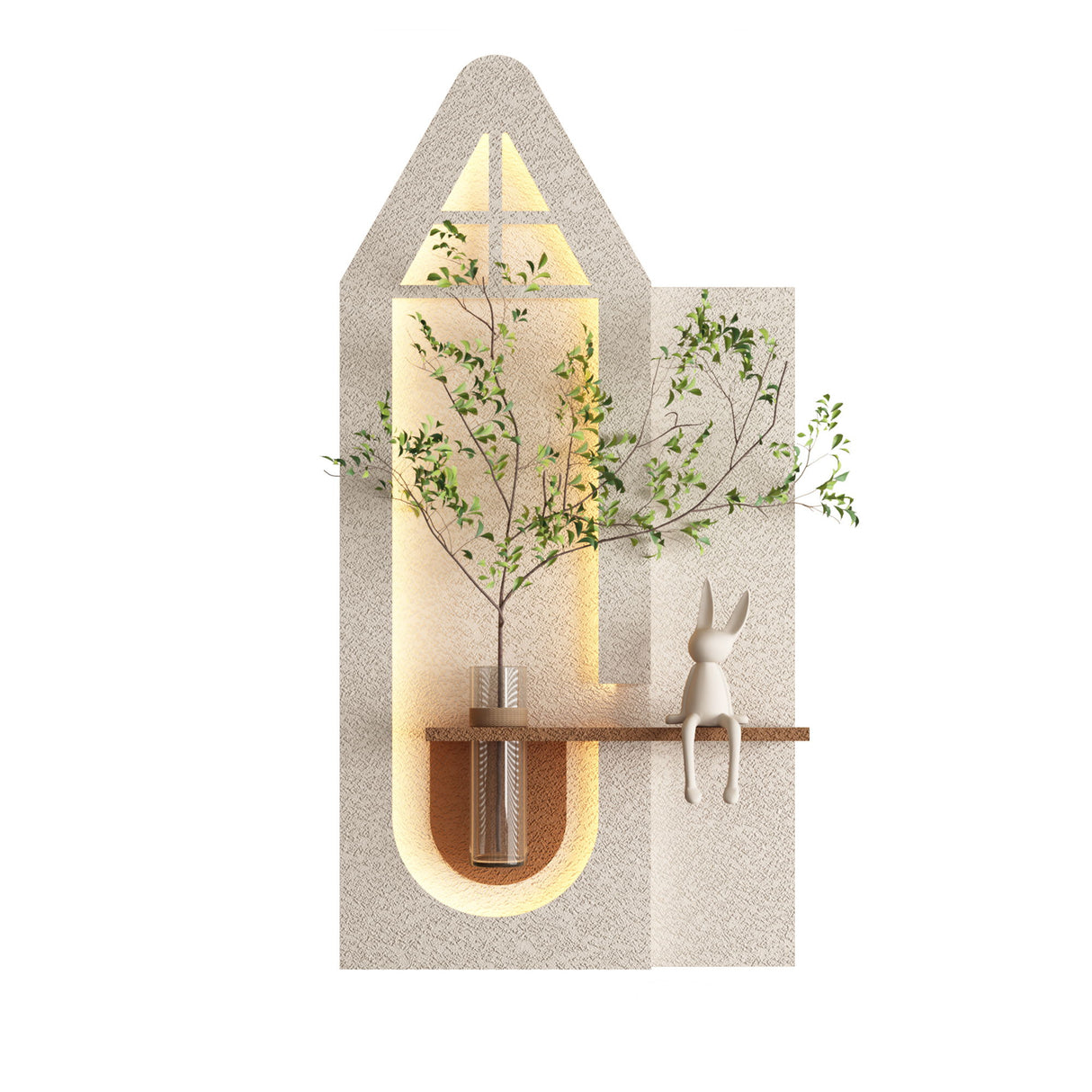 Adjustable 3 Color LED Sandstone Wall Decor With Simulated Plants, Glass Vase & Rabbit Statue - Light Coffee