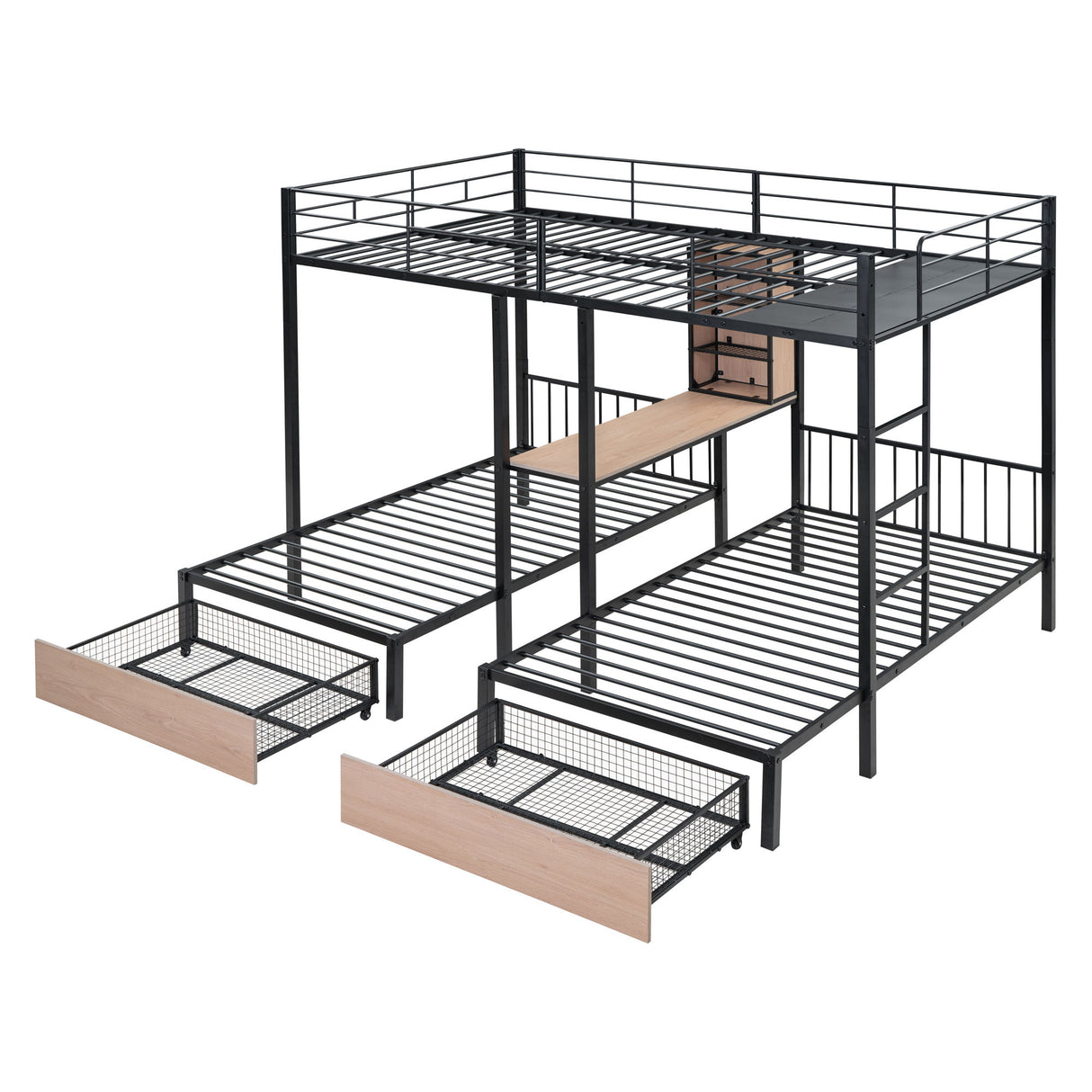 Triple Bunk Bed With Drawers, Multi-Functional Frame With Desks And Shelves In The Middle