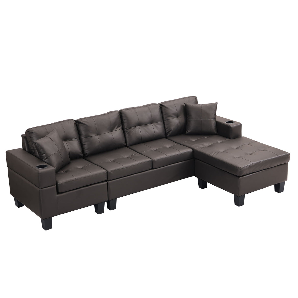 Modern Sectional Sofa Set With L Shape Chaise Lounge, Cup Holder, 4 Seat
