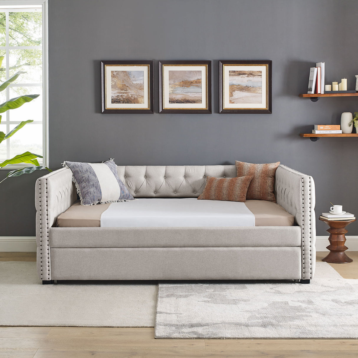 Inspired Upholstered Daybed With Trundle, Button Tufted