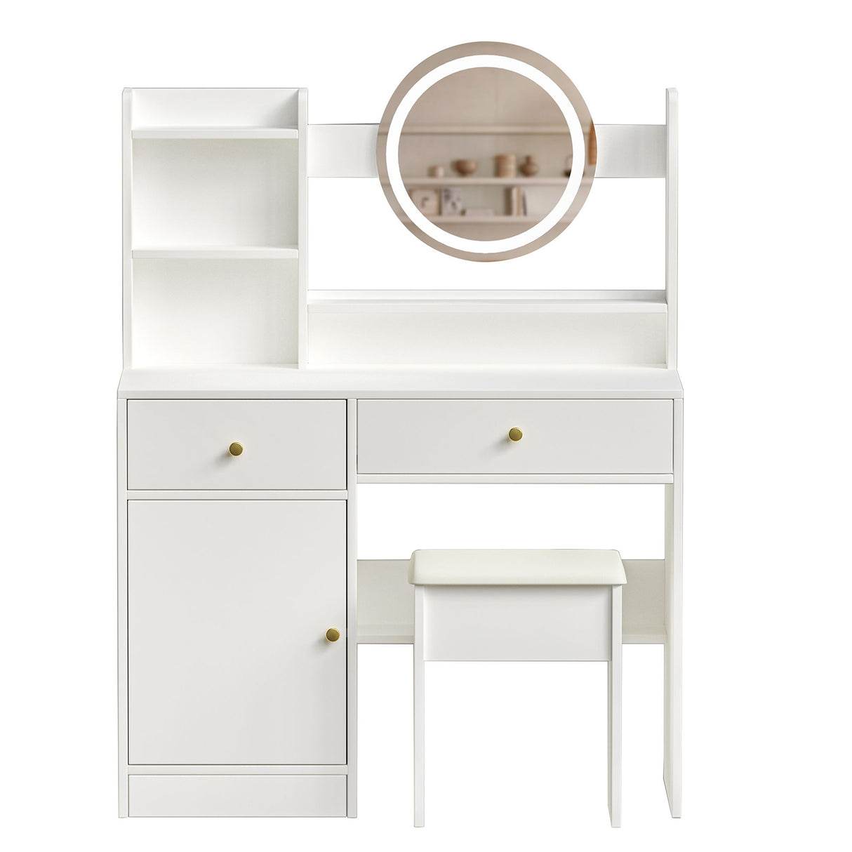 Fashion Vanity Desk With Mirror And Lights For Makeup And Cushioned Chair - White