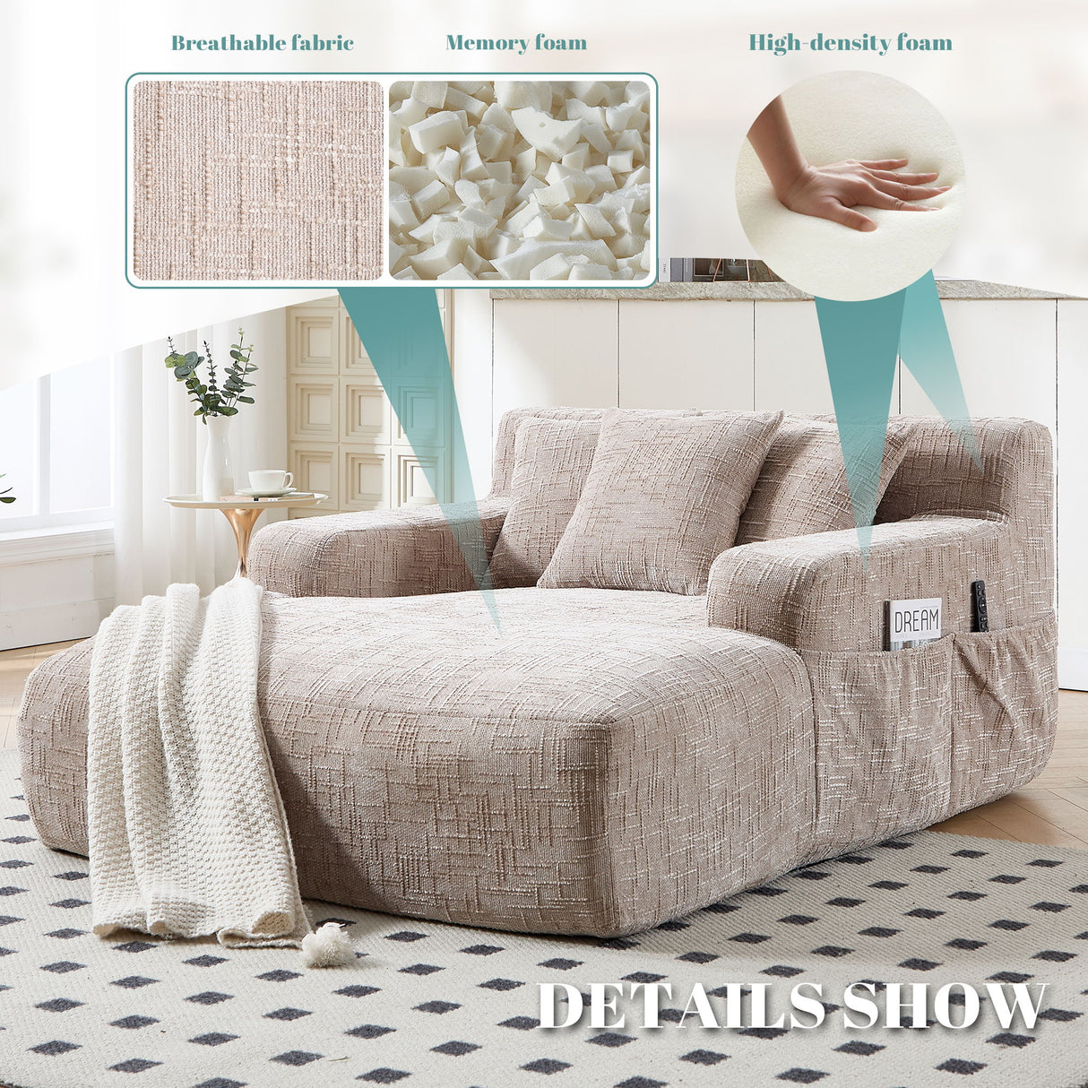 Chenille Interior Lazy Sofa Chaise Longue Armchair With 3 Pillows And Armrests