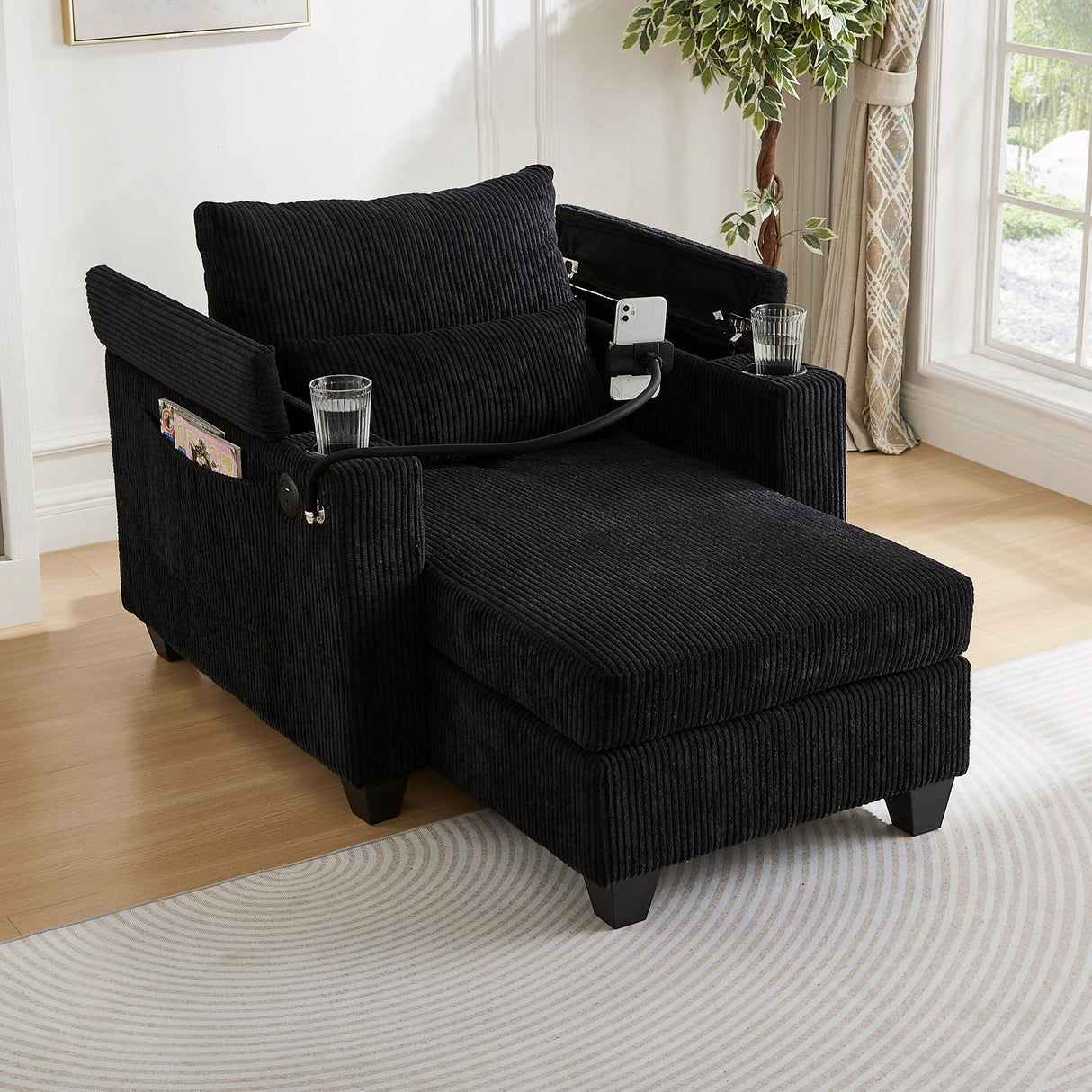 Convertible Chaise Lounge Sofa Chair With USB Ports, Cup Holders, Phone Holder And Storage