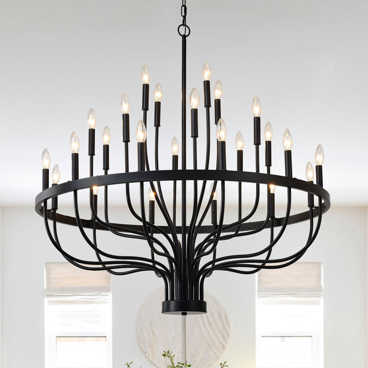 24 Light Chandelier Industrial Iron Candle Chandelier Modern Suspended Farmhouse Chandeliers Pendant Light Fixtures For Dining Room Bedroom Living Room Kitchen Island Foyer E12 Bulb (No Include) - Black
