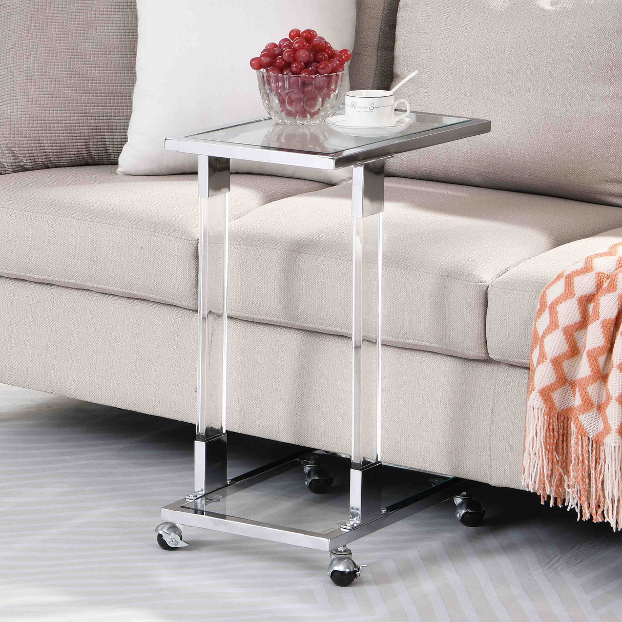 Glass Top C Shape Square Table With Metal Base For Living Room