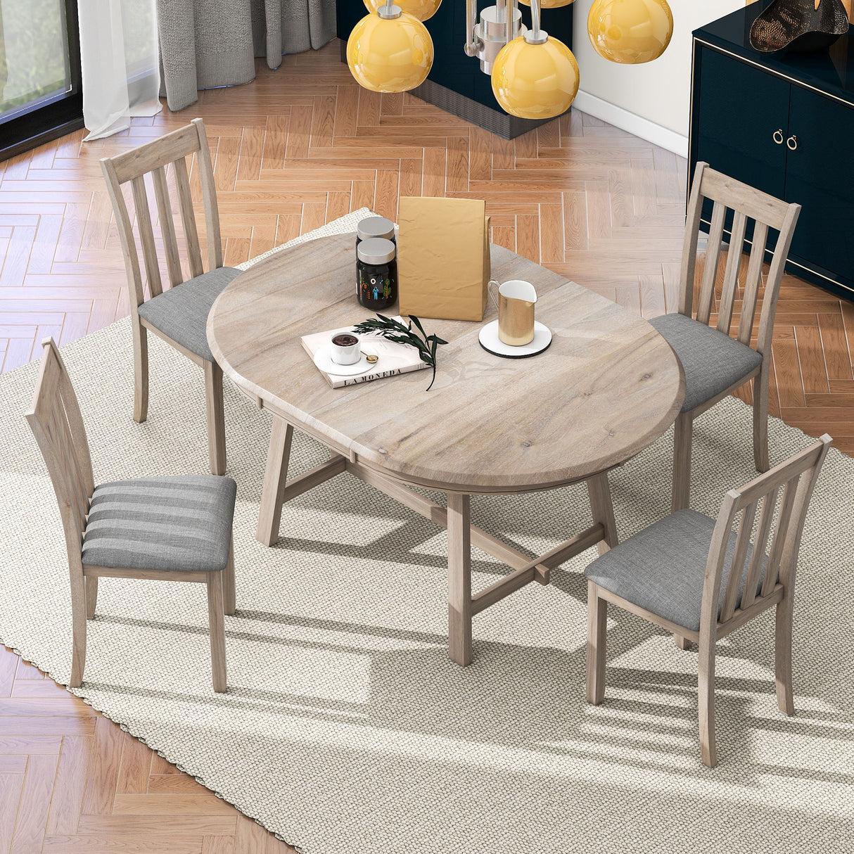 5 Piece Wood Dining Table Set With Extendable Round Table And 4 Chairs