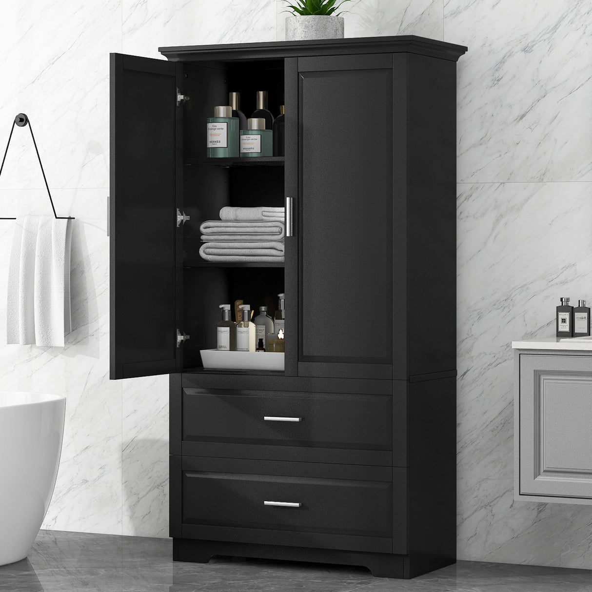 Tall Bathroom Storage Cabinet, Cabinet With 2 Doors And Drawers, Adjustable Shelf