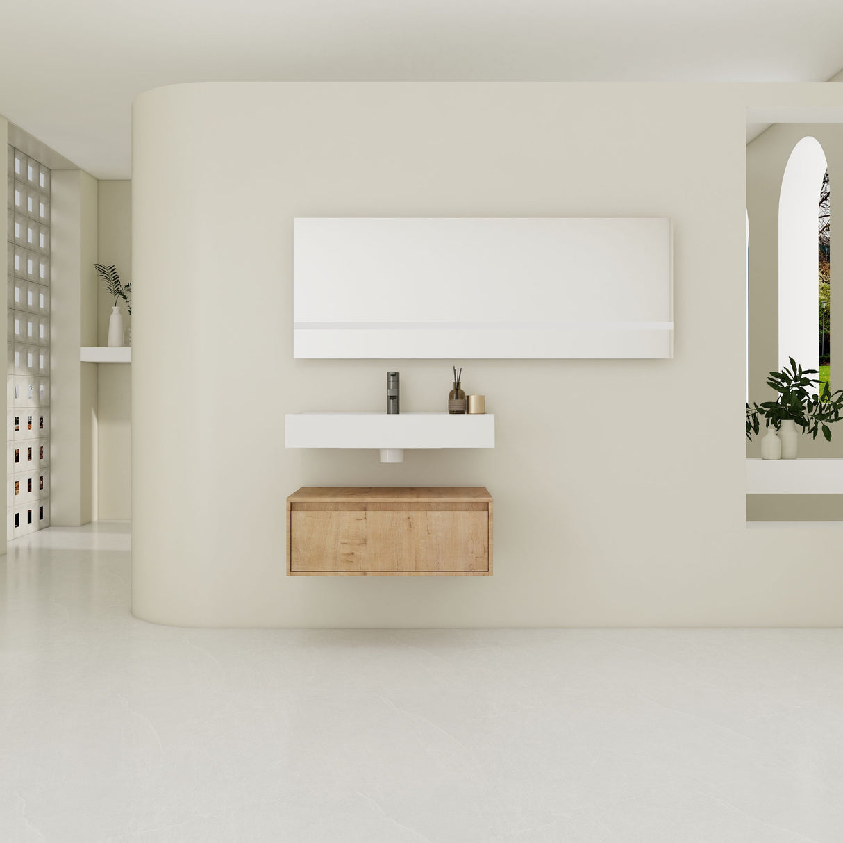 Wall Mounted Bathroom Vanity With Resin Sink And Soft Close Drawer In Imitative - Imitative Oak