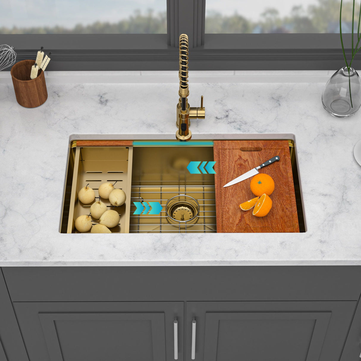 Gold Stainless Steel Undermount Kitchen Sink With Workstation 33 X 19 X 10 Inch, 16 Gauge Deep Bowl