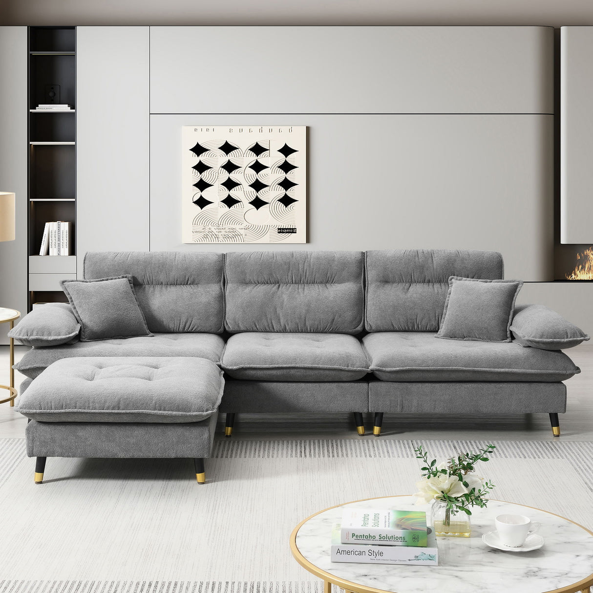 L Shaped Convertible Sectional Sofa 4 Seat Tufted Couch Set With Two Tone Adjust Legs Cloud Movable Ottoman