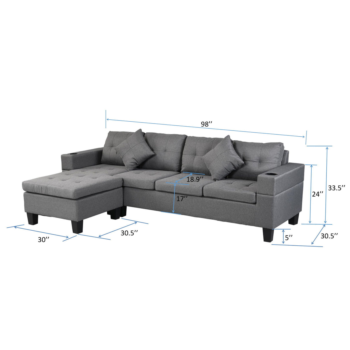 Modern Sectional Sofa Set With L Shape Chaise Lounge, Cup Holder, 4 Seat - Gray