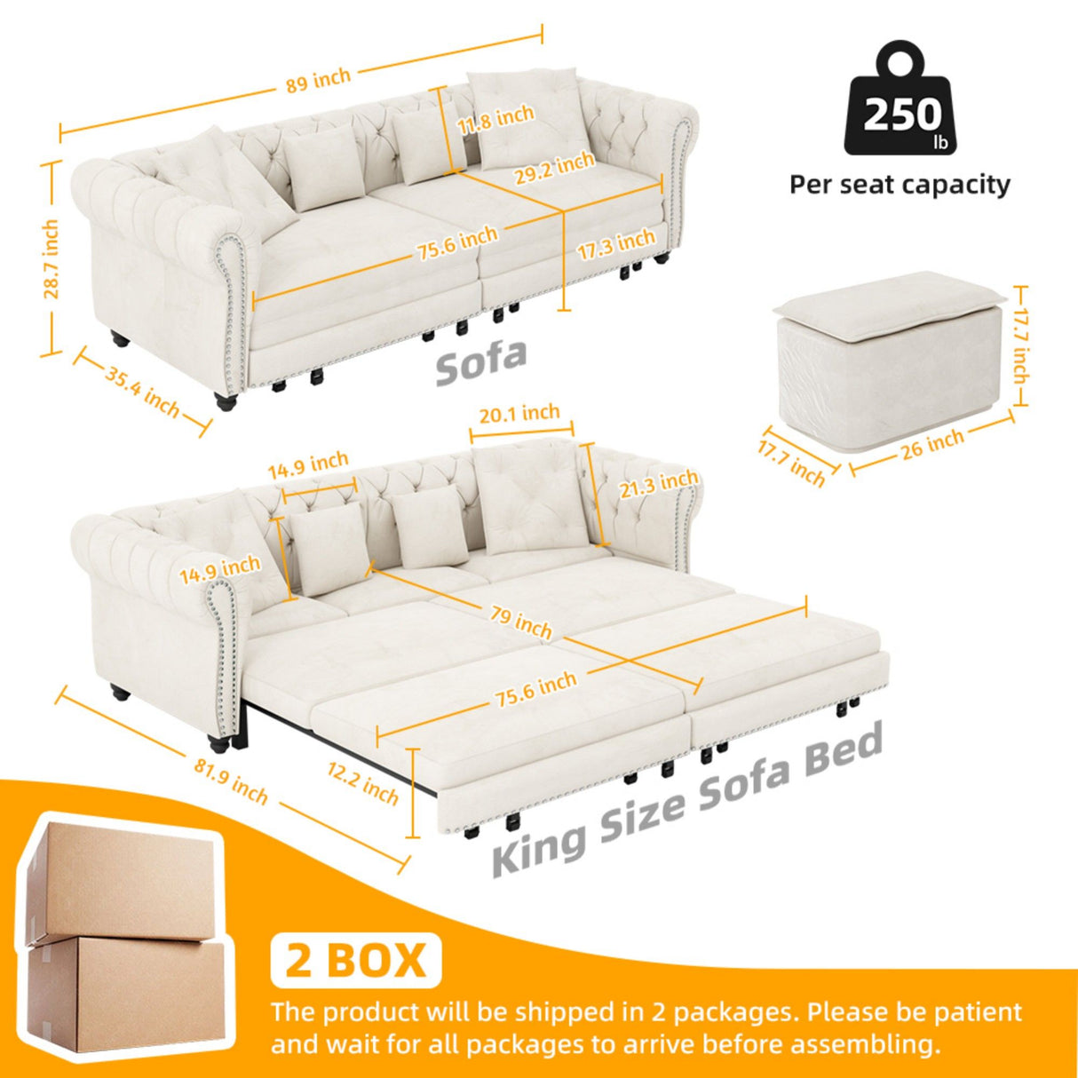 3 In 1 Convertible Sleeper Sofa Bed With Movable Ottoman
