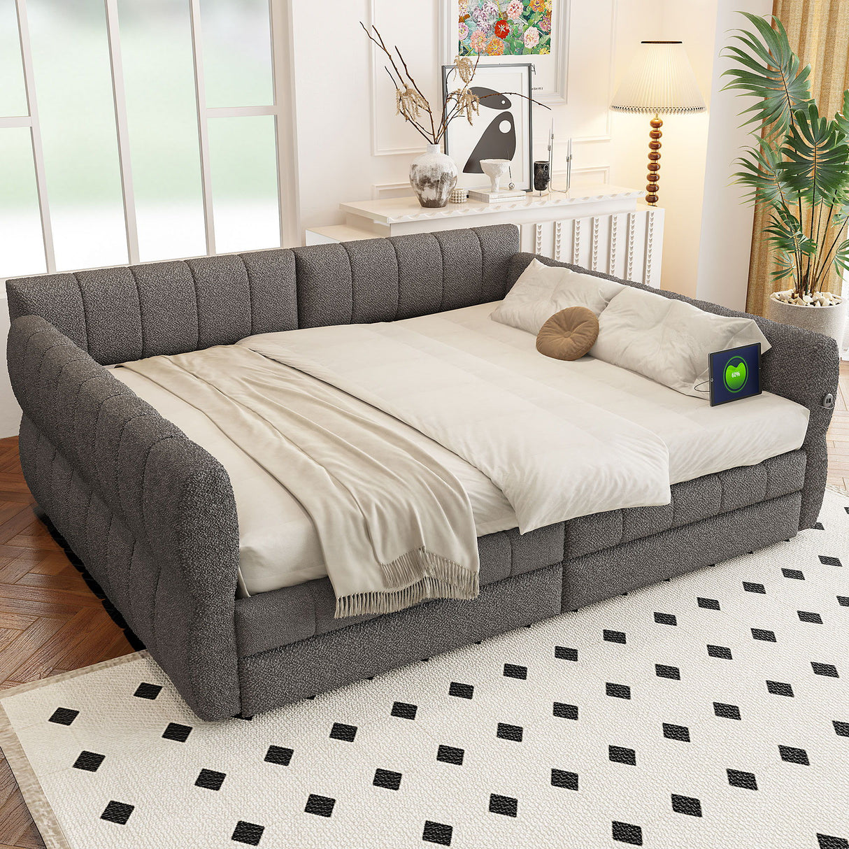Upholstered Platform Bed With USB And 2 Drawers