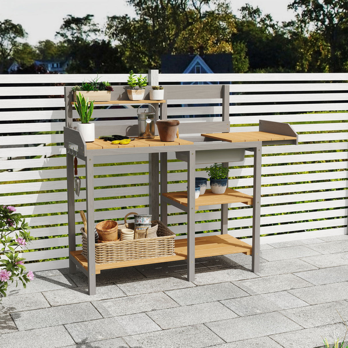 Outdoor Potting - Bench, Workstation Table With Cabinet For Backyard Garden Supplies - Gray / Brown