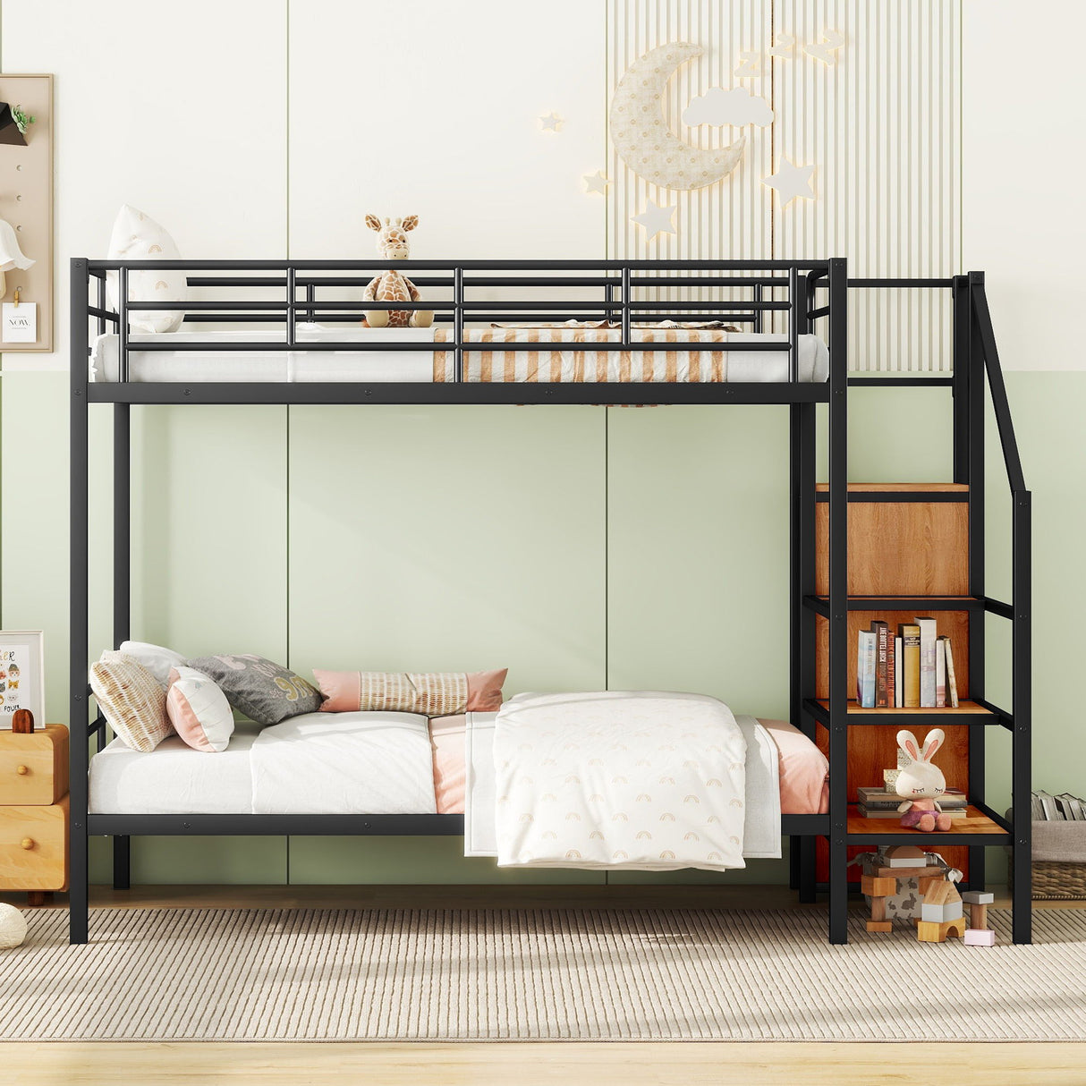 Bunk Bed With Lateral Storage Ladder And Wardrobe