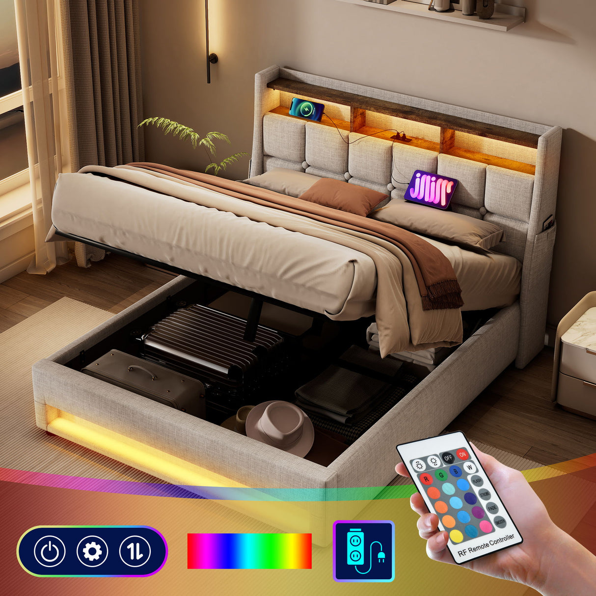 Upholstered Platform Bed With A Hydraulic Storage System, LED And USB Charging (Without Mattress)