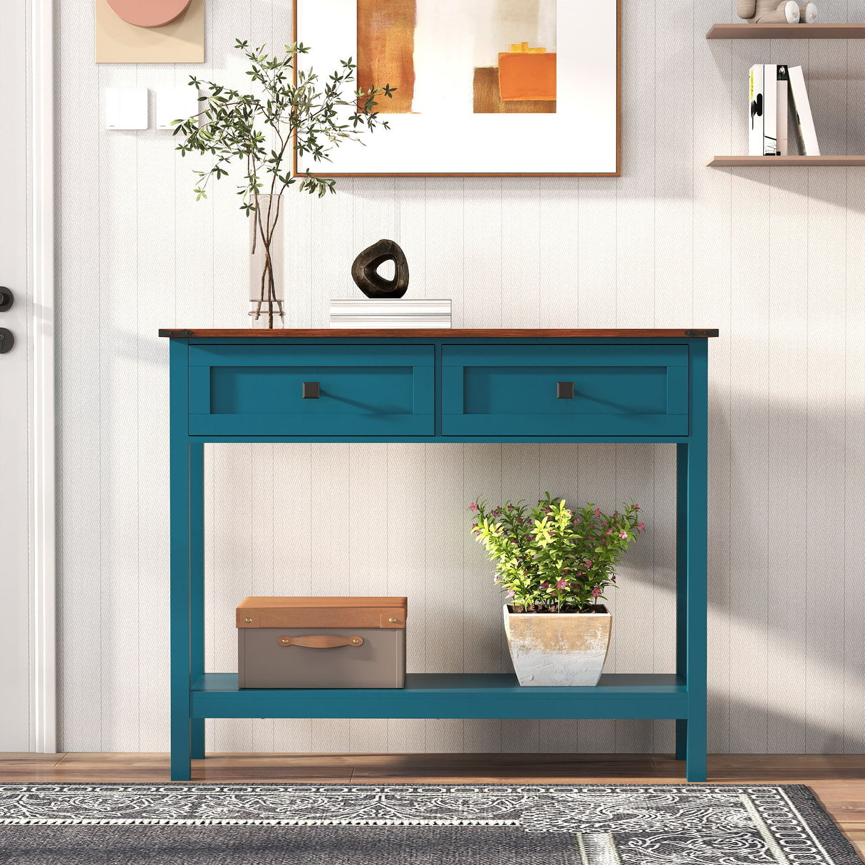 Farmhouse Style Console Table With 2 Drawers And Bottom Storage Shelf