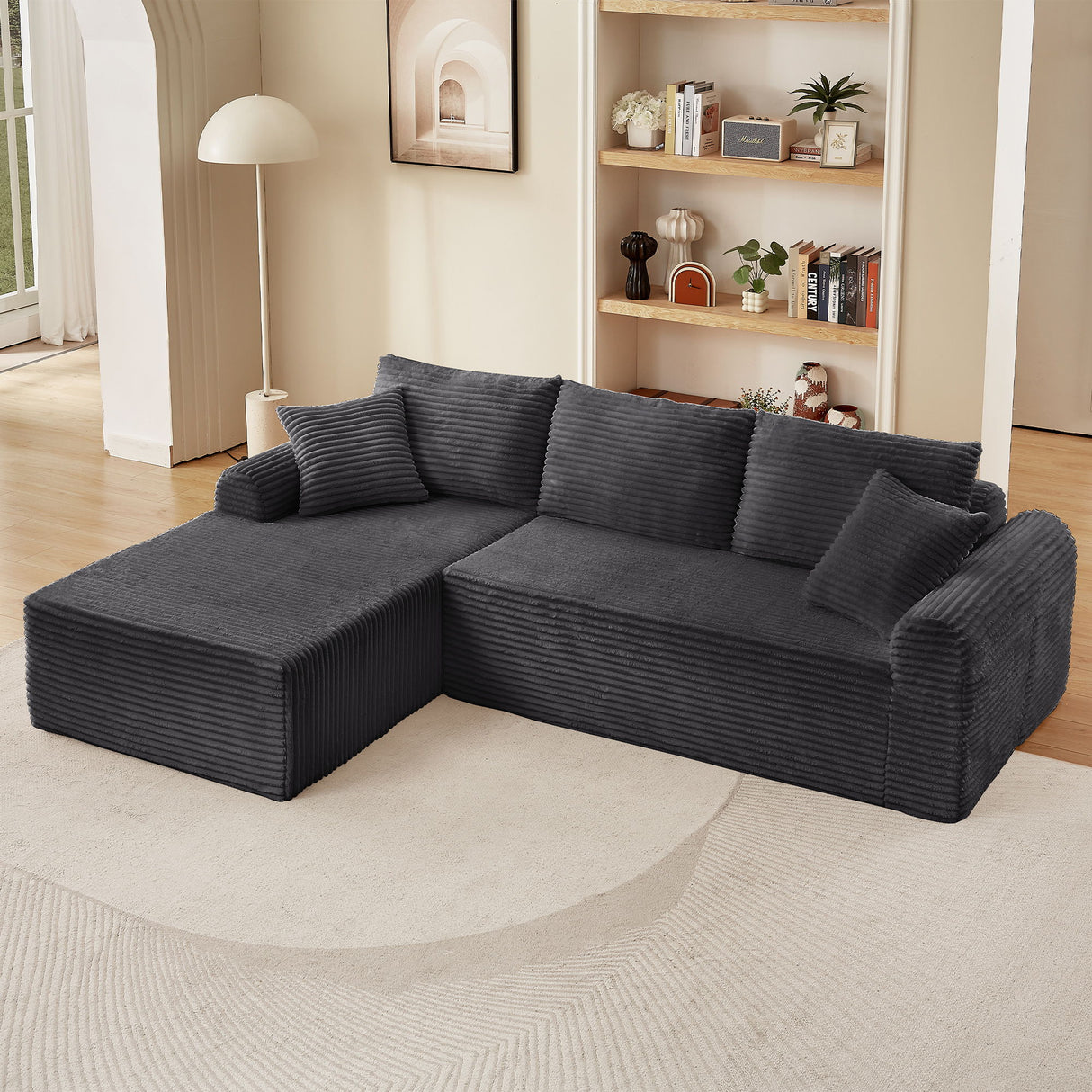 Modular Corduroy Sectional With Arched Armrests, Includes 3 Back Cushions & 2 Throw Pillows