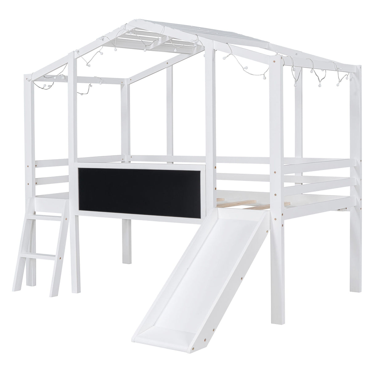 Loft House Bed With Ladder And Slide, With Blackboard And Light Strip On The Roof