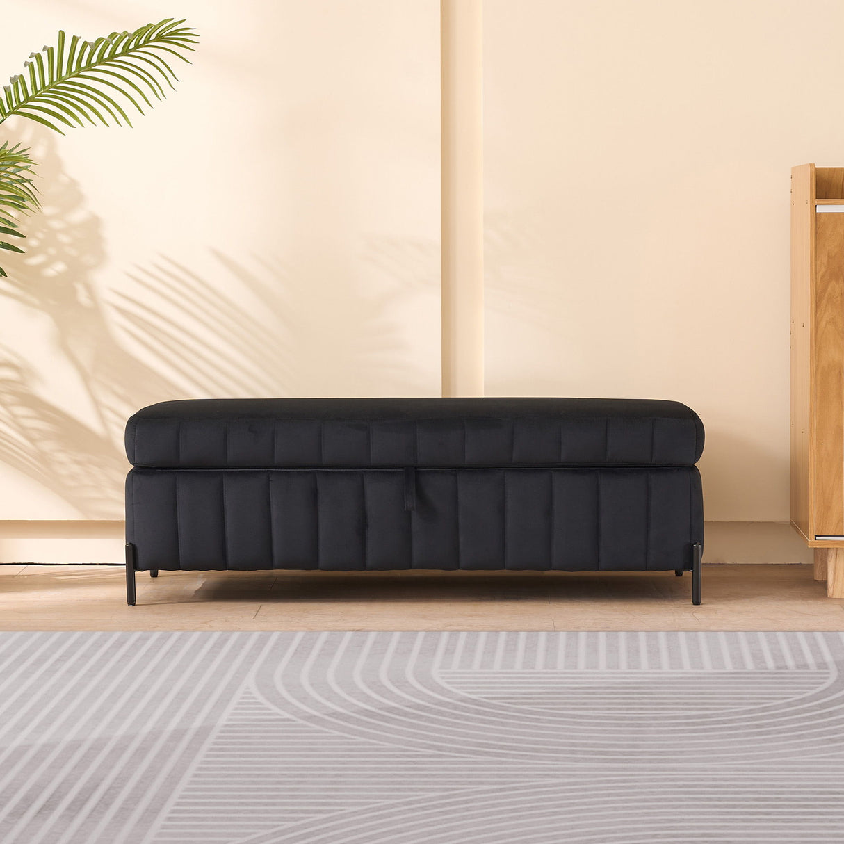 Wide Upholstered Velvet Storage Soft Bench Ottoman With Metal Legs