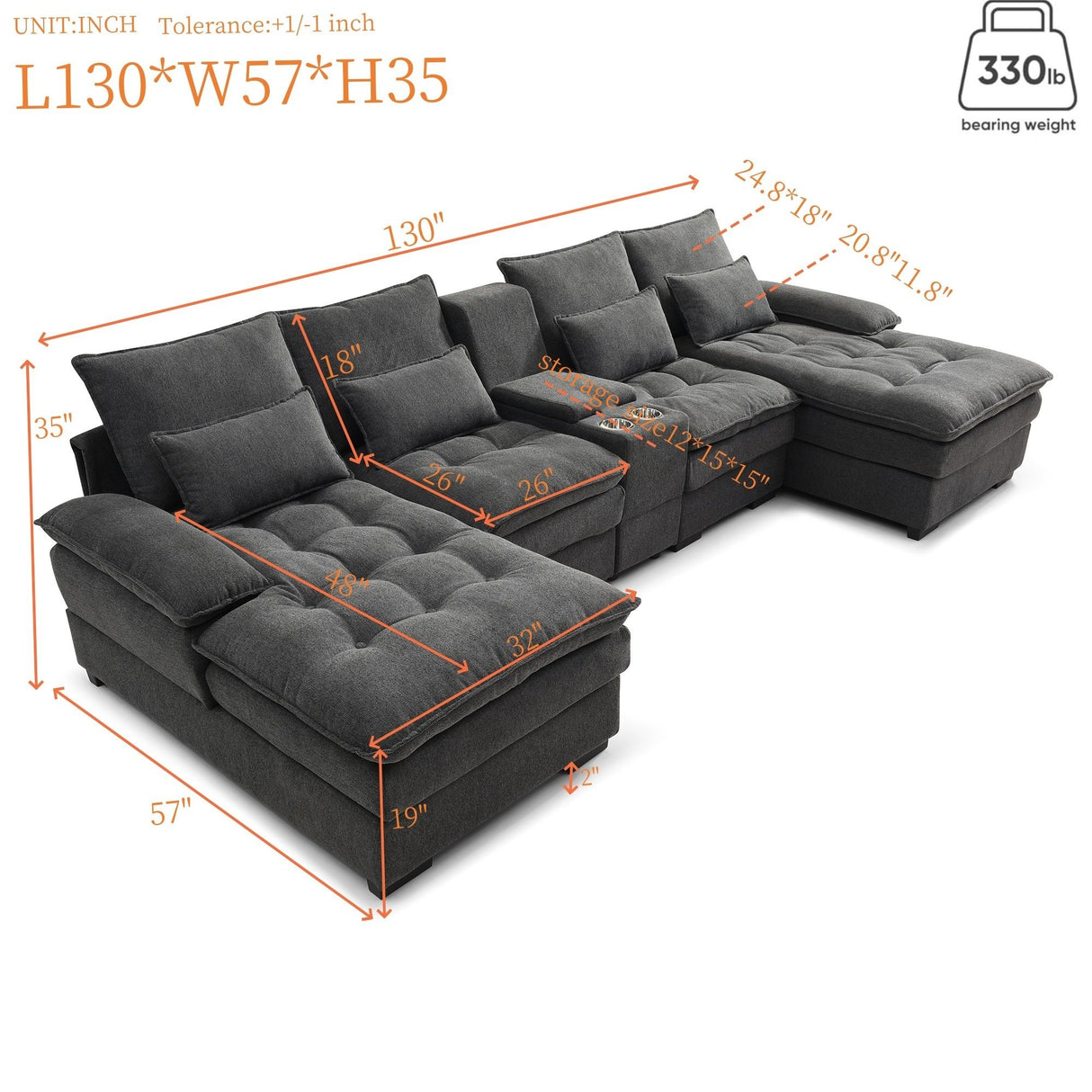 U Shaped Sofa With Console And Cupholders, 6 Seat