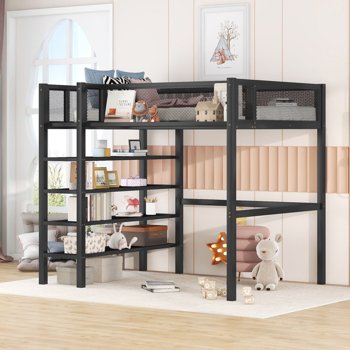 Loft Bed With 4 Tier Shelves And Storage