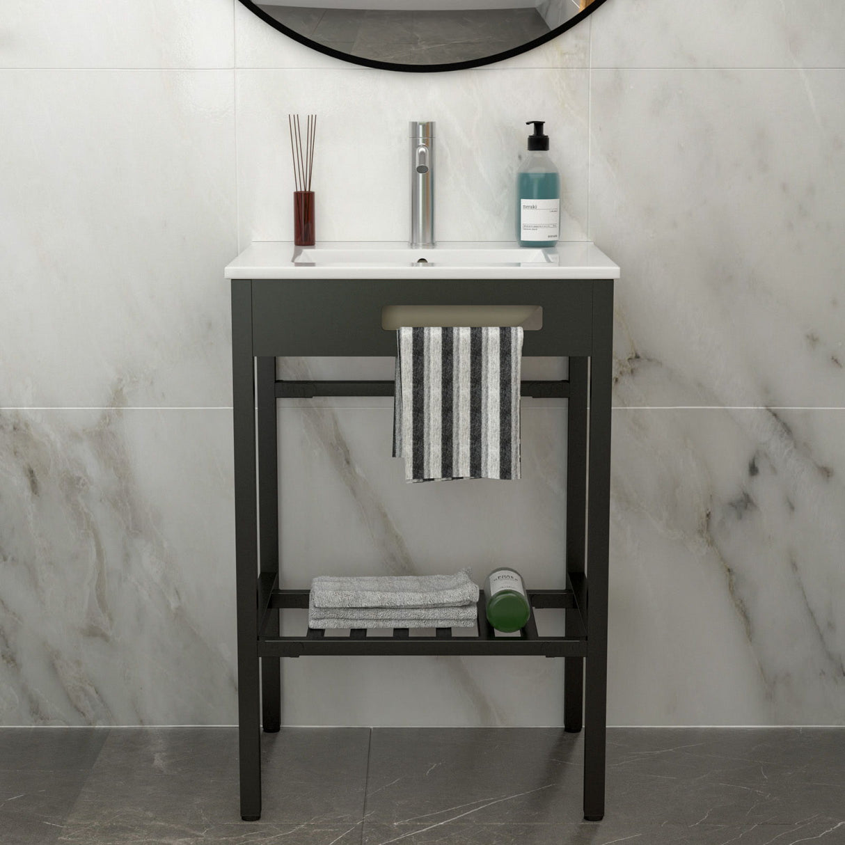 Console Sink With Legs, 24" X 18", Durable Porcela With Frame - White / Black